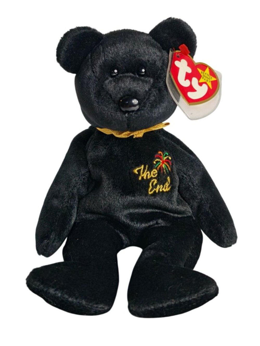 Ty Beanie Baby The End Bear Black Plush Gold Ribbon Collectible 1999 Tags